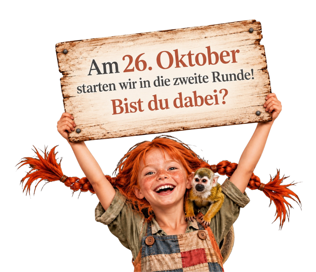 Pippi und Äffchen mit Schild